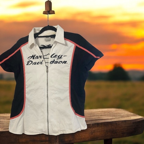 Harley-Davidson Cream and orange and Black zip up Graphic Shirt women’s Sz XL - Picture 2 of 7